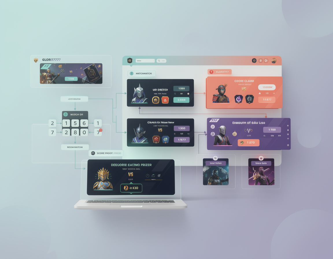 Ilustrasi prize claim policy GLORI777 dengan bracket, room match, dan bukti skor